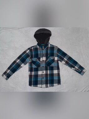 OP Blue & Gray Plaid Hooded Shirt Jacket